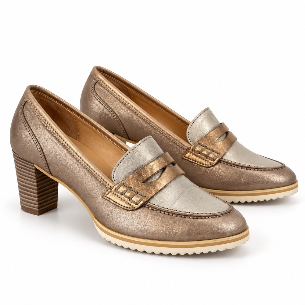 Gabor Metallic Leather Heeled Loafers Bronze Silver Gold Portugal Size 37 US 7